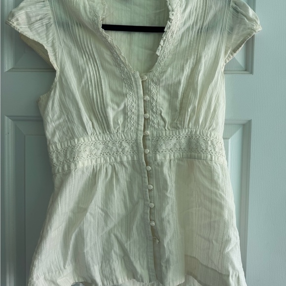 Odille Tops - Odille Cream Button-Front Lace Trim Blouse